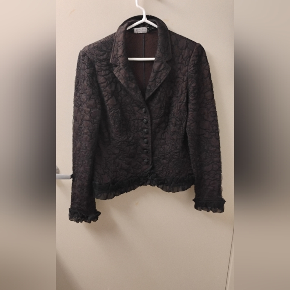 Rickie Freeman for Teri Jon Embroidered Ruffled Goth Buttoned Blazer Suit Jacket